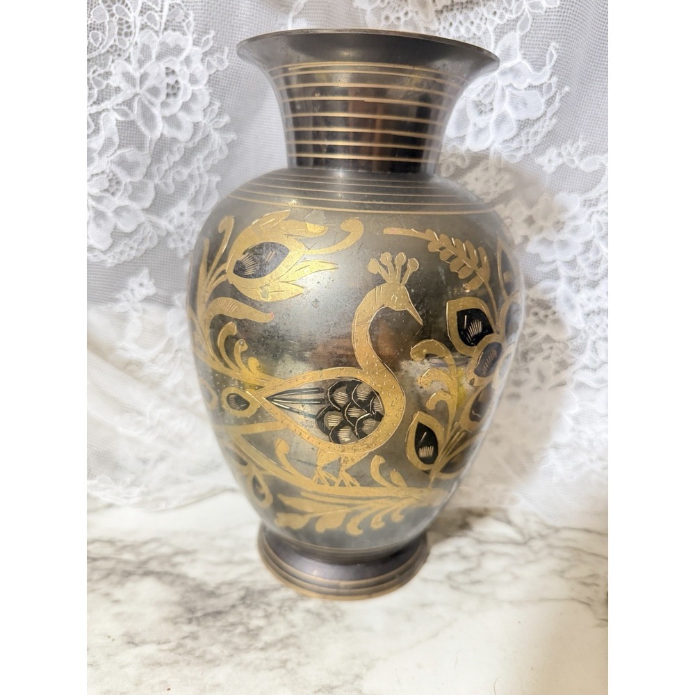 Vase Brass Etched Black And Gold With Peacock Design 9" T (3323)